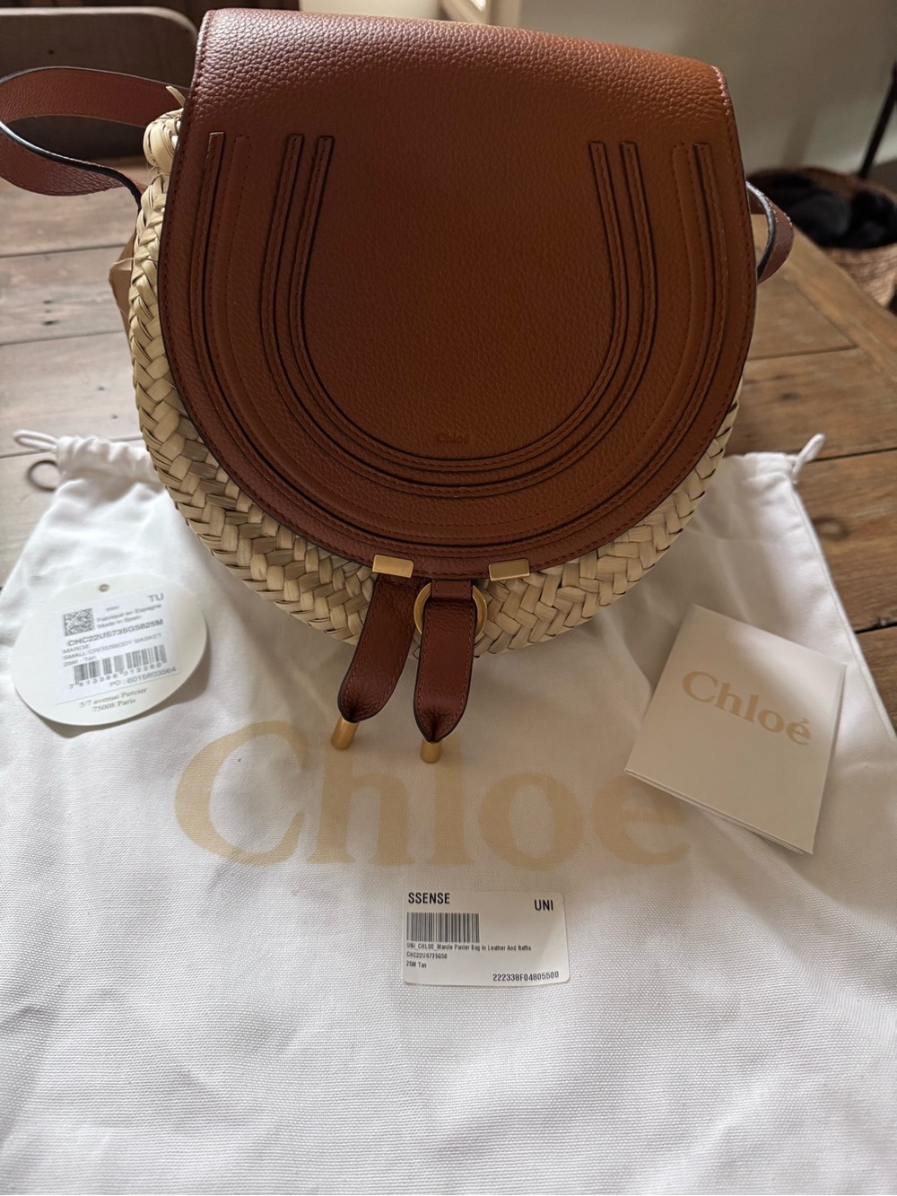Chloe Marcie Panier Crossbody Bag in Leather and Raffia